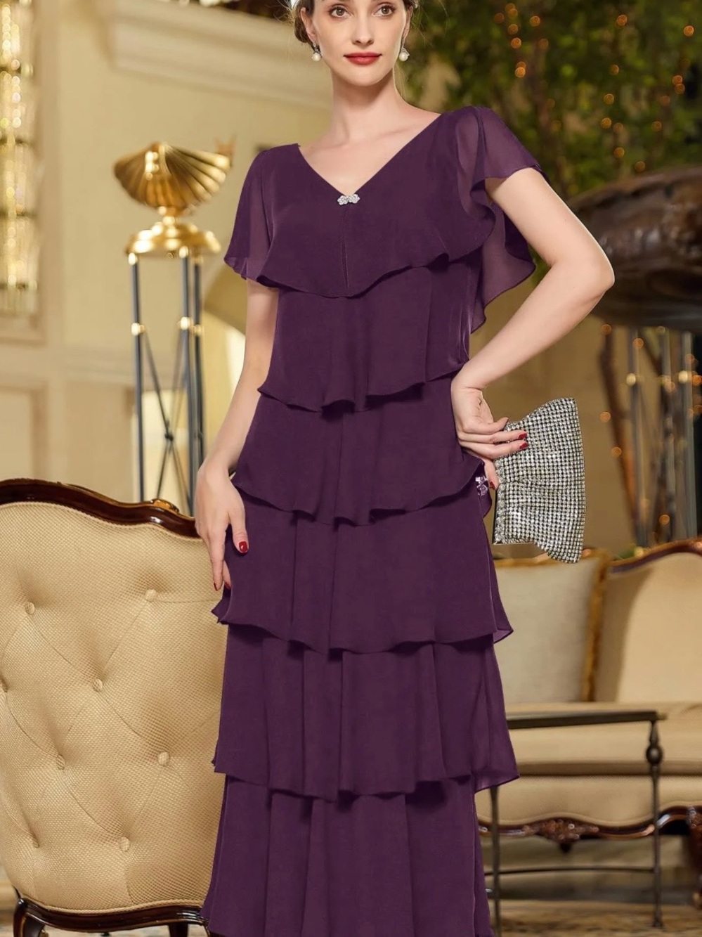 Lavetir - Tiered Chiffon Plum Bridal/Wedding/ Mother Dress with Flutter Sleeves